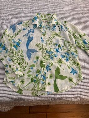 Women's Green & Blue Mermaid Print Button-Up Blouse size small